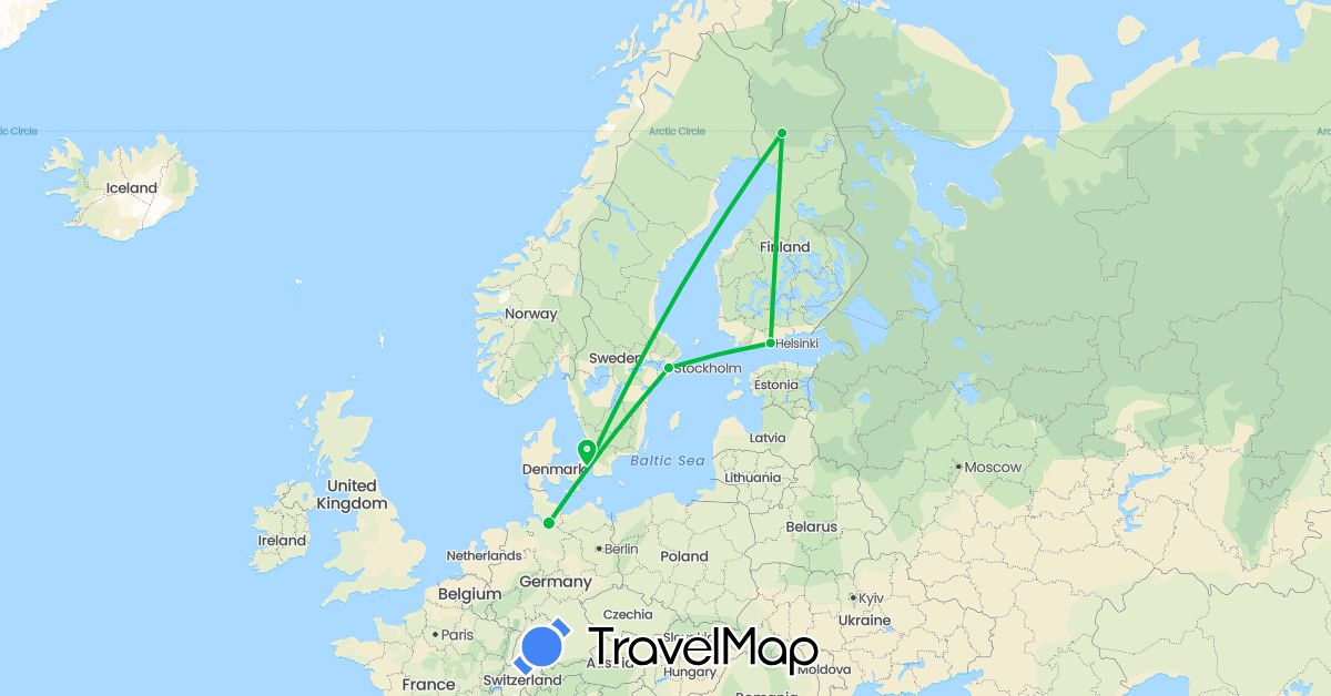 TravelMap itinerary: driving, bus in Germany, Denmark, Finland, Sweden (Europe)